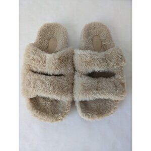 ZARA Faux Fur Slippers Double Velcro Strap Closure Rubber Sole Size 36 Off White